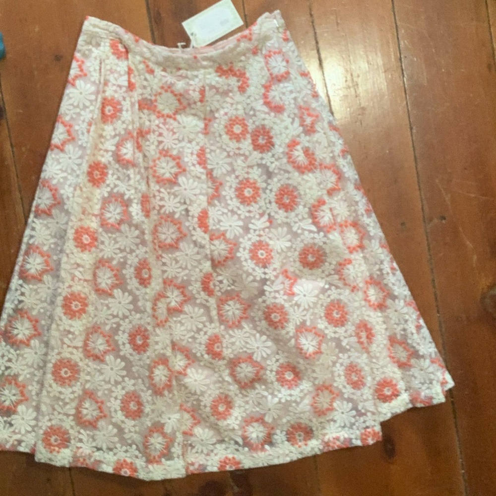 White and Peach Embellished Midi Pleated A-Line Skirt